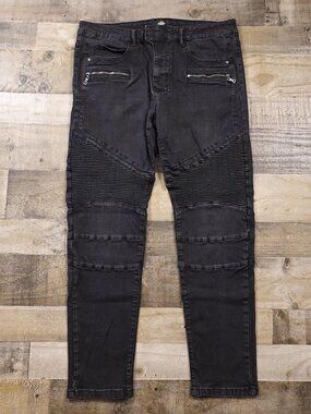 ZLZ Denim‎ Biker Jeans Men’s 38 Black Skinny Moto Zip Pocket Stretch Pants